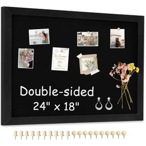 Double-Sided Black Cork Board with Linen, 24" x 18" Hanging Wood Framed Large Bulletin Board, Picture Display Vision Board Kit Corkboards for Wall Room School Office Decor, 20 Pushpins
