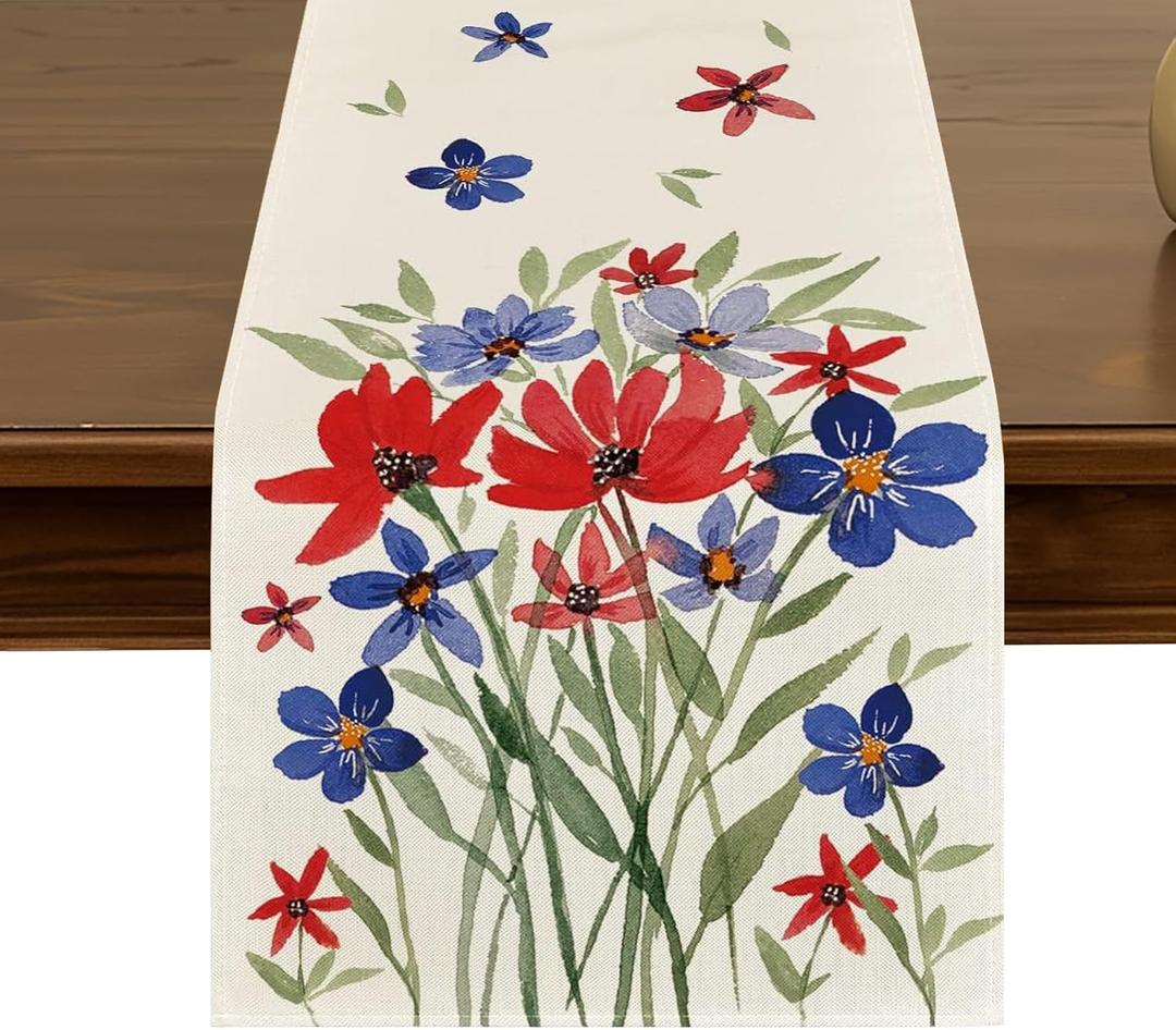 Watercolor 4th of July Patriotic Table Runner,72 Inches Eucalyptus Flowers Poppy Memorial Day Independence Day Holiday Kitchen Dinner Table Runners for Indoor Outdoor Party Decorations ZQ11, 13x72 inch