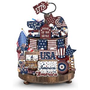 25 Pcs 4th of July Tiered Tray Decorations Set Wood Patriotic Decoration Rustic American Flag Star Red White Blue Farmhouse Decor for Memorial Day 250th Anniversary Home Indoor Birthday Party(Classic)