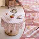 Alsoo Pink Gingham Tablecloth Round 60 inch, Summer Washable Checkered Plaid Table Cloth Cotton Linen Fabric for Mothers Valentine's Day Outdoor Picnic Party