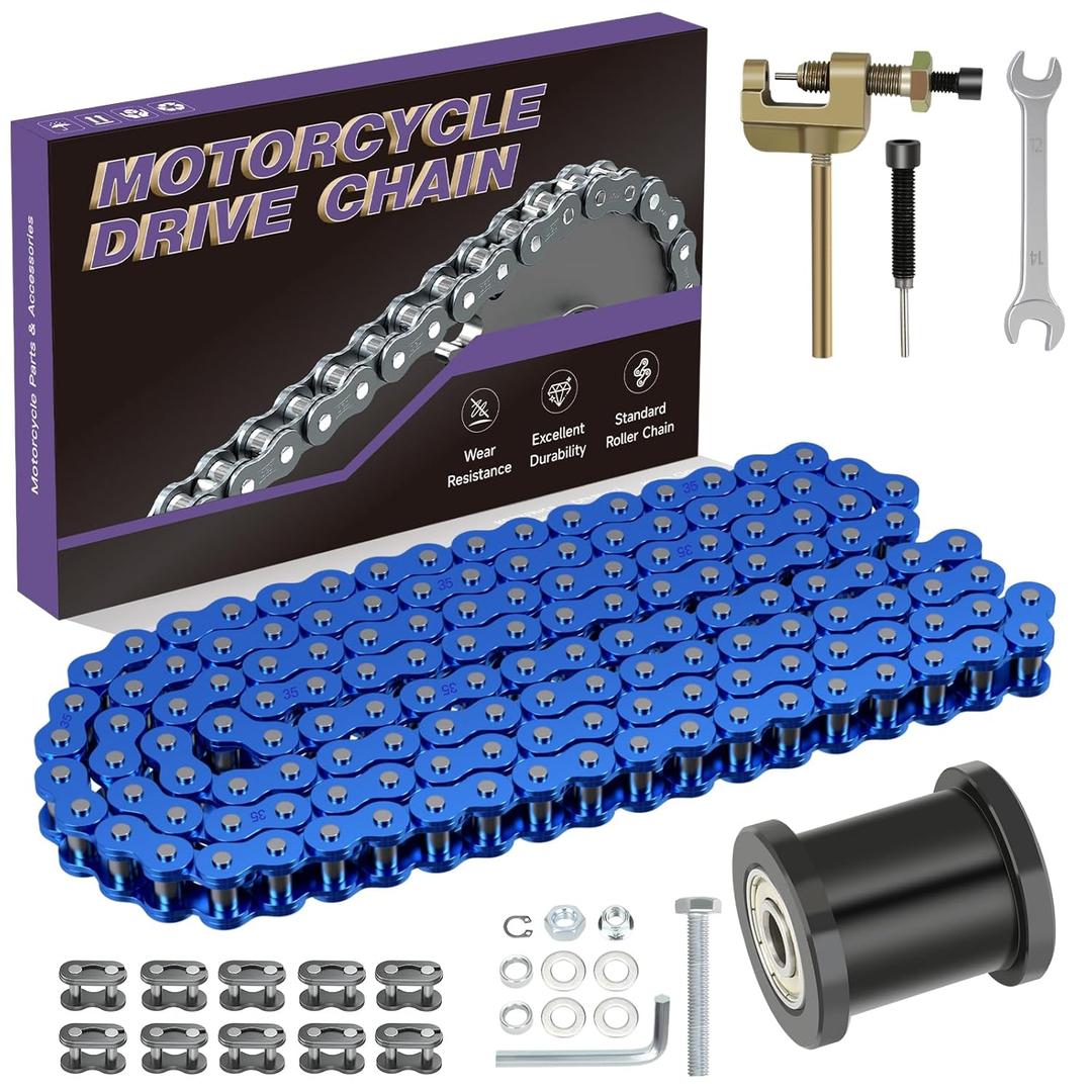 35 Chain and Mini Bike Chain Tensioner Compatible with Coleman CT100U CC100X Baja Doodlebug DB30 Motovox MBX10 MBX11 MM-B80 105 Predator 79cc 97cc 100cc Engine Minibike Parts 140 Links (Blue)