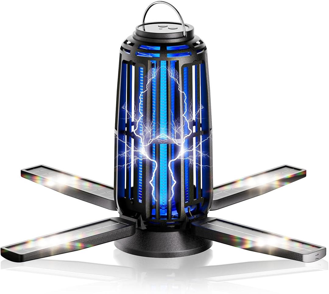 Solar Bug Zapper Outdoor – 5000mAh Battery, Energy-Saving Mosquito Killer, USB-C Rechargeable & 4-Sided Solar Panels, Waterproof Portable Fly Zapper with LED Light for Patio, Garden, Camping, Backyard