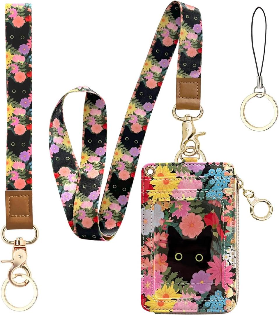 bolimoss Black Cat Flower Lanyard Wallet,Pu Leather Women Zid ID Case with Lanyards,Cute Neck & Wrist Lanyard Keychain for Women, Teacher, Nurse, Office Name Tag Badge Holder ID Card Holder