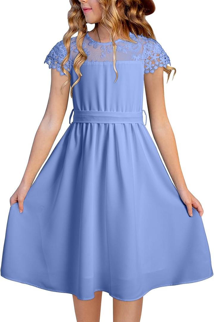 blibean Girls Summer Flower Dresses Semi Formal Lace Wedding Dress Size 10-11 Years (Blue)