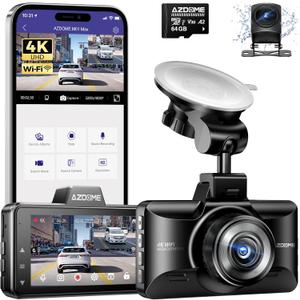 AZDOME M01 Max UHD 4K Dash Cam Front and Rear, Built-in Wi-Fi, Free 64GB Card, App Control, 4K+1080 Dash Camera for Car, Built-in ADAS, G-Sensor, IP68 Waterproof, 24H Parking Mode Dashcam