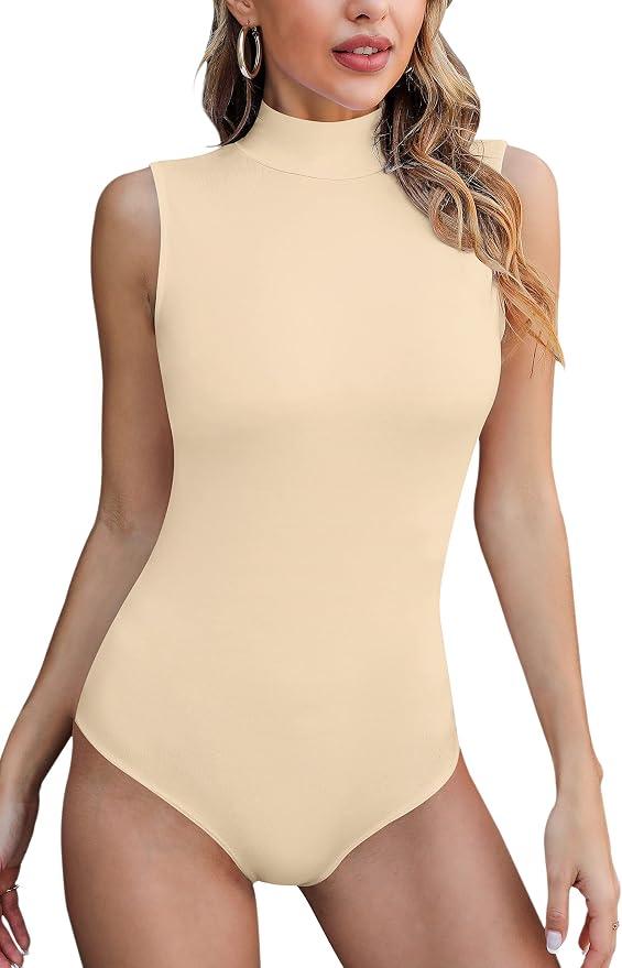 Yuiseaik Women's Turtle Neck Sleeveless Bodysuits Shirts Basic Slim Fitted Going Out (Nude, L)