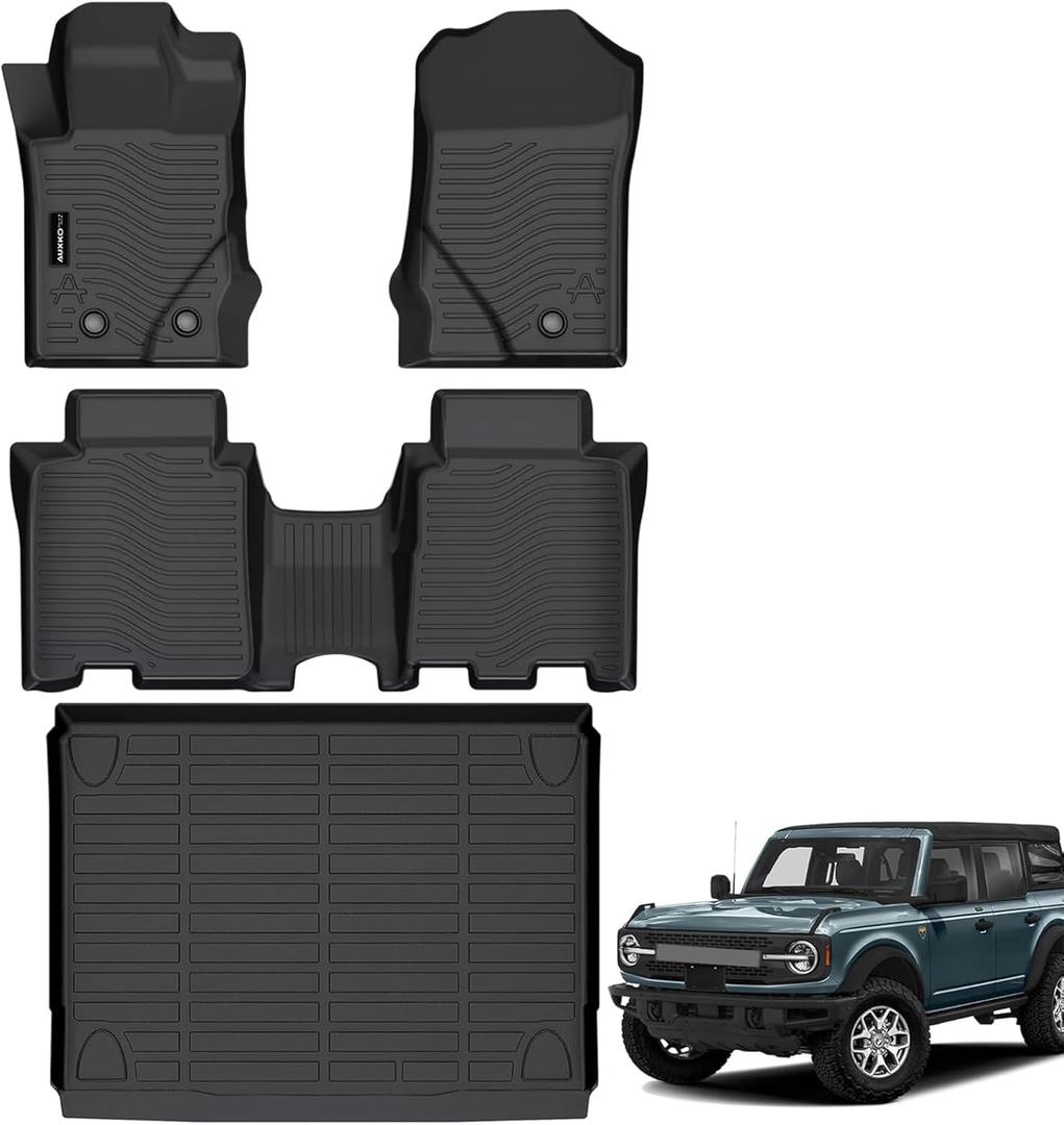 Auxko All Weather Floor Mats Cargo Mat Fit for Ford Bronco(Not Sport) 4Door 2021-2024 2025 TPE Rubber Liners Set Bronco Accessories All Season Guard Odorless Anti-Slip Floor Mats Black