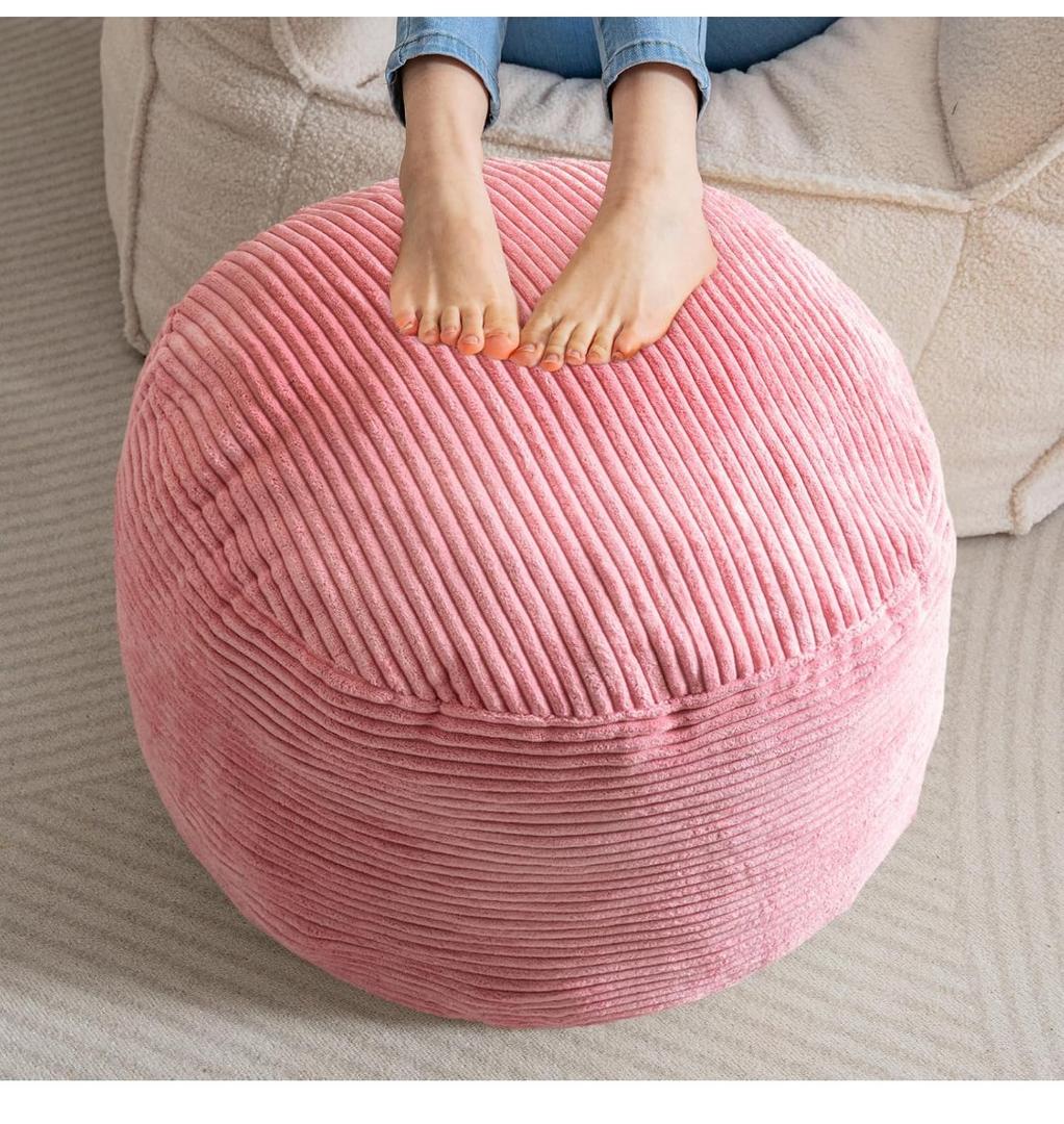 HIGOGOGO Round Stuffed Pouf Ottoman, Corduroy Poufs with Foam Chunk Filling, Furry and Fluffy Pouf Foot Stool Storage Ottoman, 20 X 15 Floor Poufs Foot Rest for Living Room, Pink