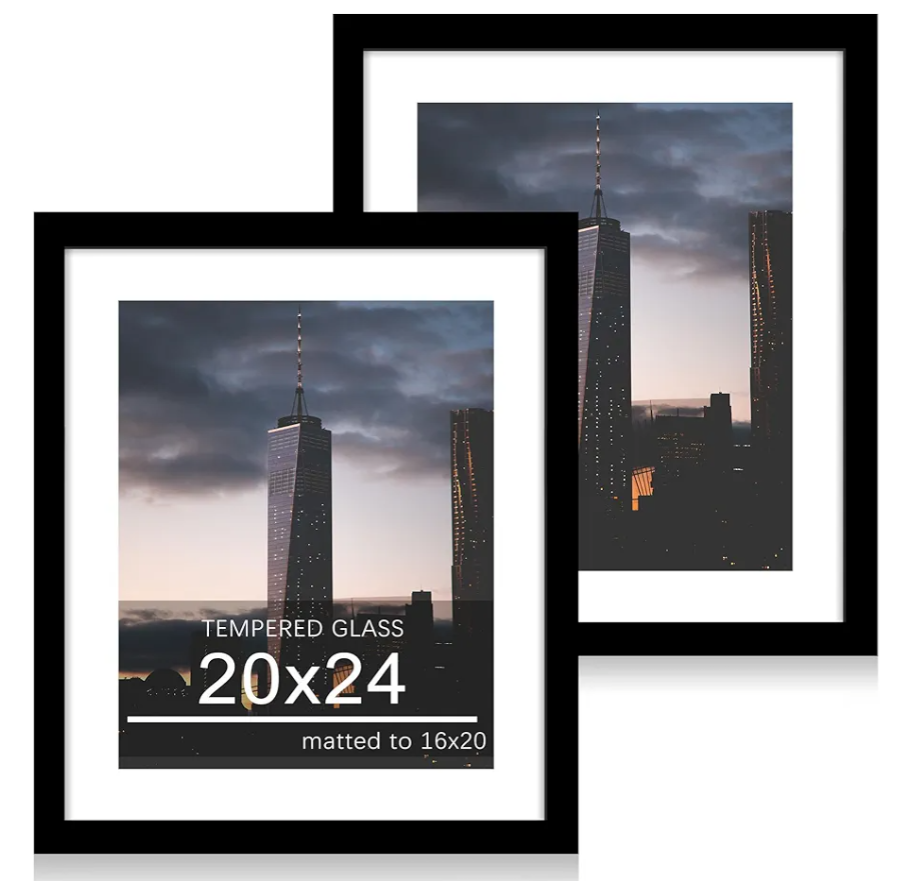 20x24 Picture Frame Set of 2, 20 x 24 Wood Poster Frames with Mat for 16x20, Wooden Photo Frames with Tempered Glass Cover for Wall Display, Black