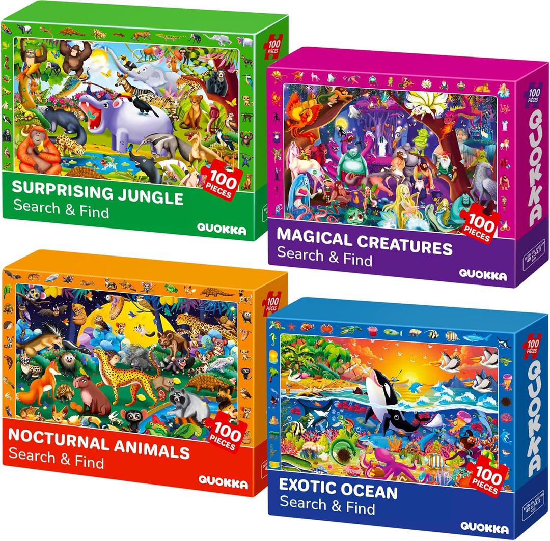 QUOKKA 100 Piece Puzzles for Kids Ages 4-6 - 4 Jigsaw Puzzles for Kids Ages 6-8 - Search and Find Observational Nocturnal Life for Childrens 5-8 - Learning Educational Toys for Boys and Girls 8-10