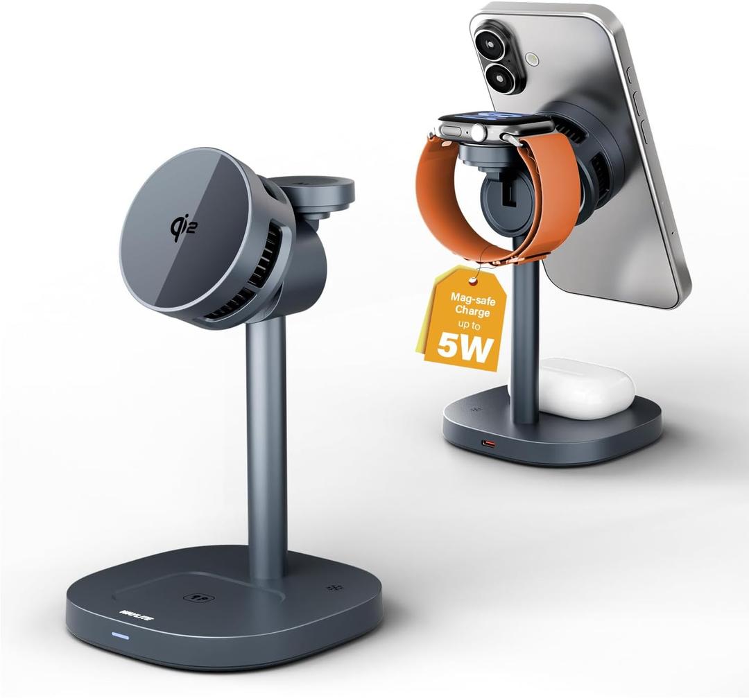 3 in 1 Wireless Charging Station for Apple MagSafe Charger Stand,15W Fast Phone and Watch Charger with TEC Cooling, Magnetic Wireless Charger for iPhone17 16 15 14 13, Apple Watch, AirPods, Gray