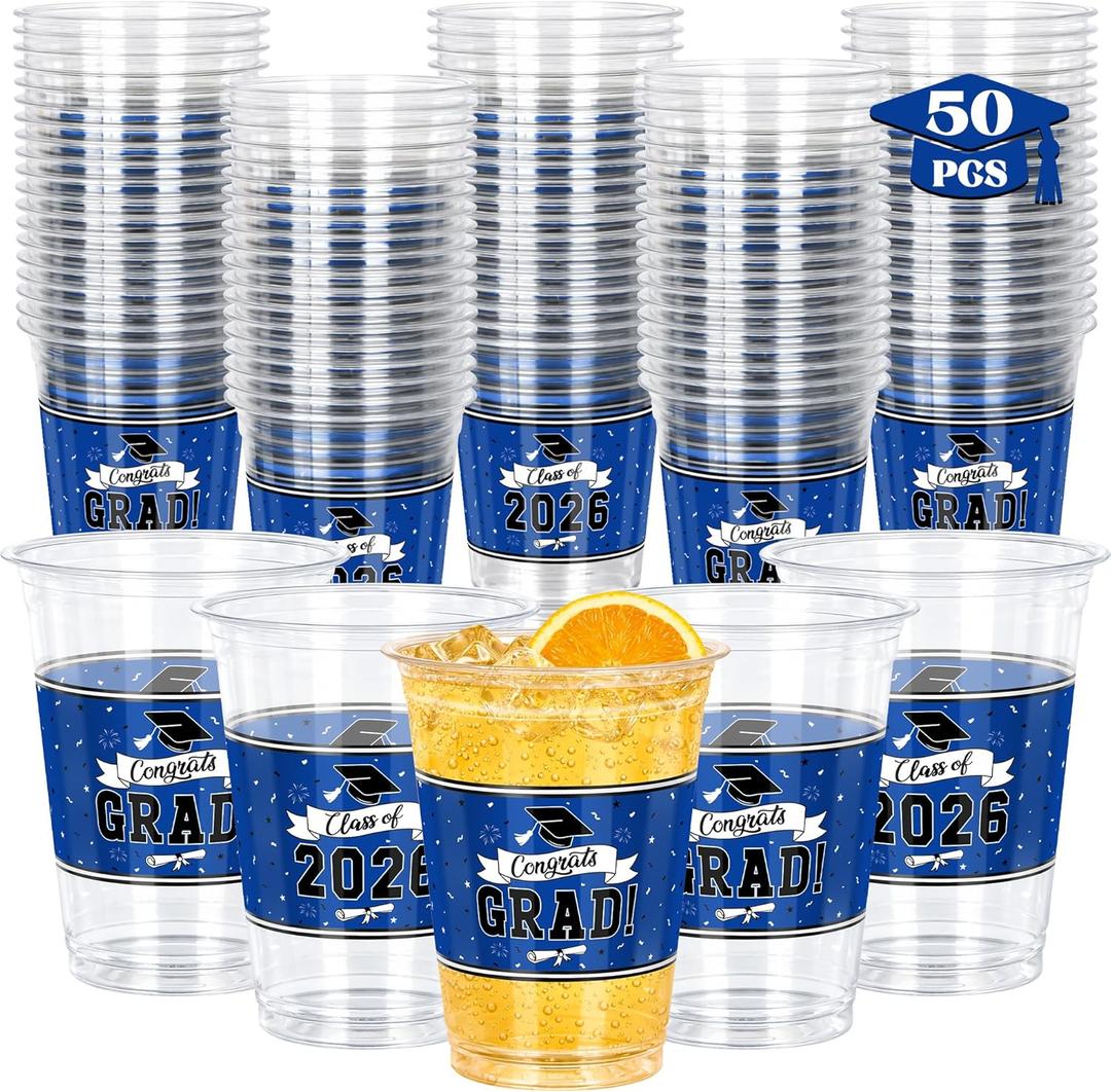 QZYL 50 PCS Graduation Cups, 14 OZ Blue Grad Decorations, Disposable Plastic Cup Bulk for Class of 2026 Congrats Grad, Grad Party Supplies Favors Tableware for Hot Cold Drinks High School College