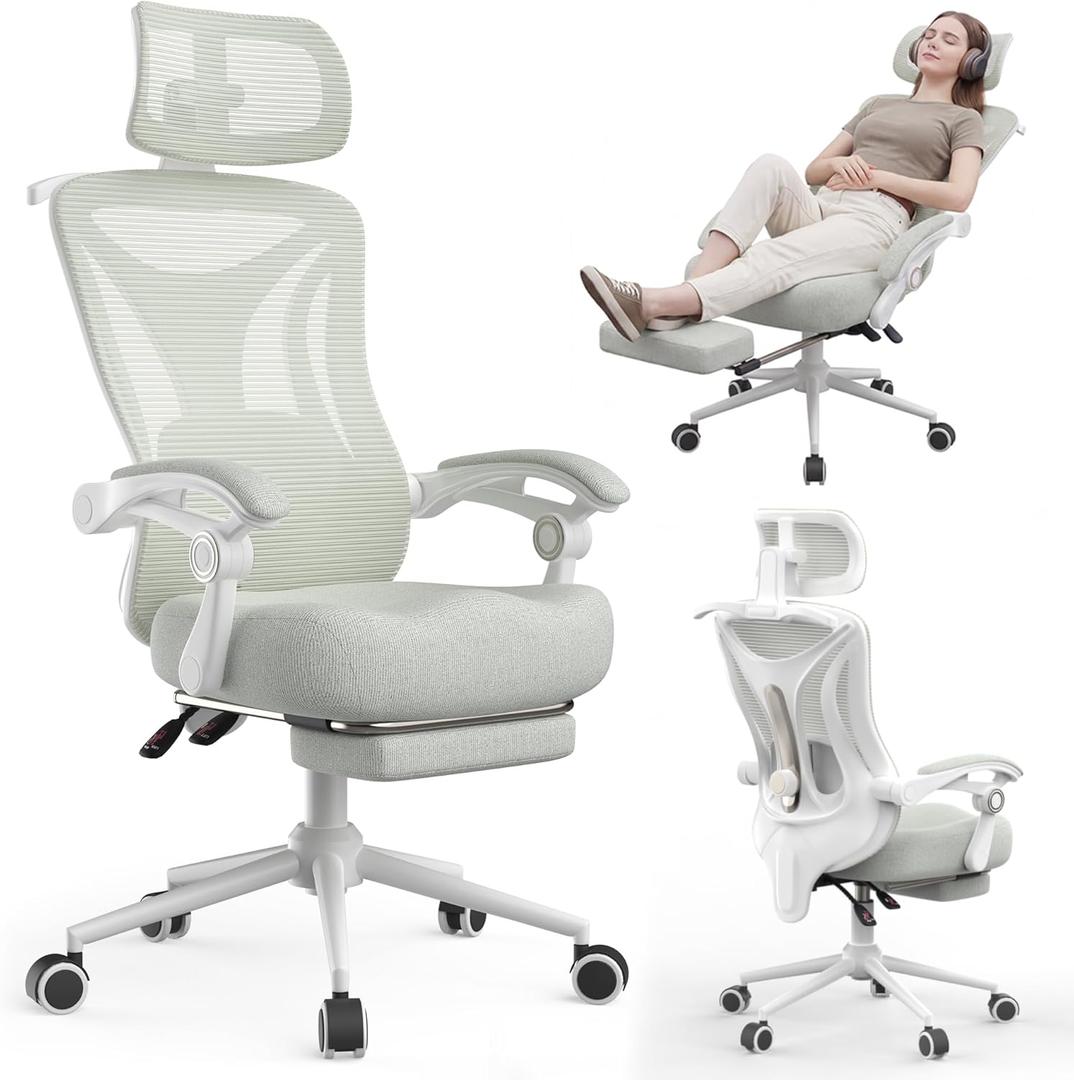 Ergonomic Office Chair with Footrest - Adjustable Lumbar Support & Headrest, 90-160 Reclining Mesh Back Computer Chair - Home Office/Gaming, 350lbs Capacity (Light Grey)