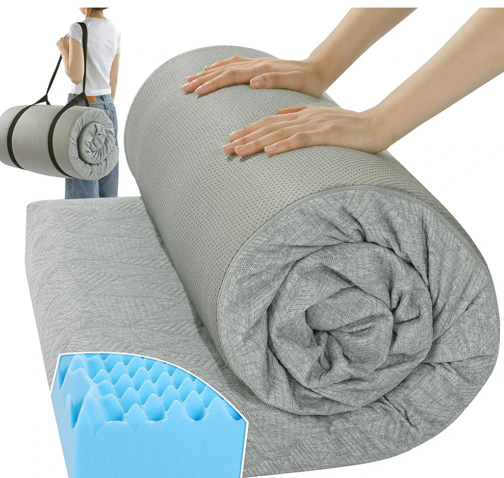 HOMBYS Thick Egg Crate Memory Foam Camping Mattress for Outdoor Sleeping, 3 Inch Roll Up Porable Pad Mat with Knitted Cover for Travel Truck Bed Tent