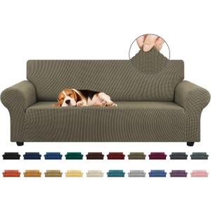 KEKUOU Stretch Sofa Cover Slipcover ，Couch Covers for 3 Cushion Couch Sofa pet Friendly (78"-94") Furniture Protector Sofa with Elastic Bottom for Kids,Dog, Jacquard Small Checked(Large,Khaki)