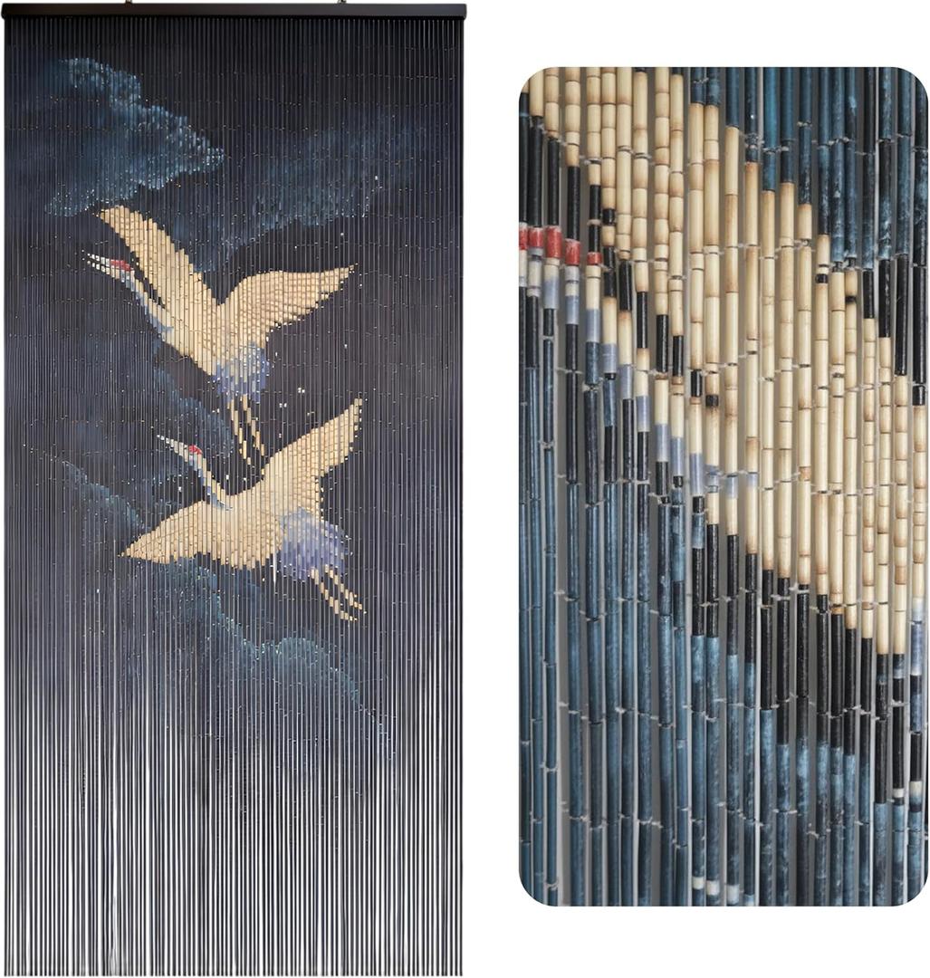 Vietbud Dcor Flying Cranes at Night Beaded Curtains for Doorways, Decorative Room, Natural Vietnamese Craft, Indoor Hanging Bamboo Blinds, Sturdy Hook, Easy to Clean, 35.43 x 78.74 Inches