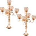 Dandat 2 Pack 5 Arms Gold Candelabra Centerpiece with Crystal Pendant 26 Inch Tall Floor Chandelier Beaded Candle Holder Table Centerpieces Wedding Party Dinner Formal Event
