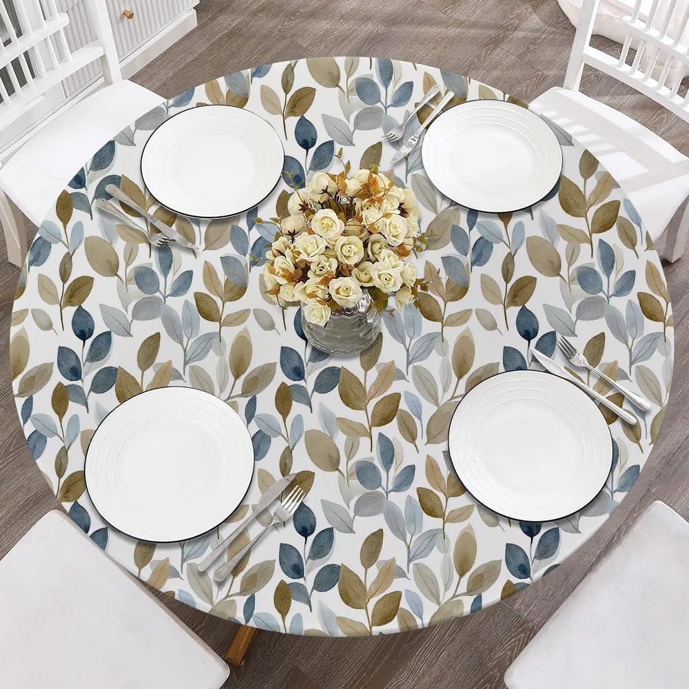 REDAMANCY Watercolor Blue Brown Leaf Rustic Round Fitted Tablecloth with Elastic Edge Waterproof Oil Proof Table Cover Cloth Round Tables for Dinner, Outdoor, Picnic (Fitted to 36"-44" Diameter)