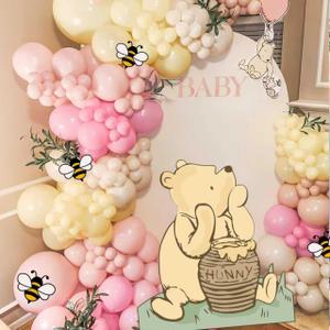 131PCS Pink Winnie Baby Shower Birthday Decorations for Girl Large Winnie Cutouts Stand Up, Pooh Balloons Arch & Bee Stickers for Gender Reveal, First Birthday, Photo Props & Newborn Party