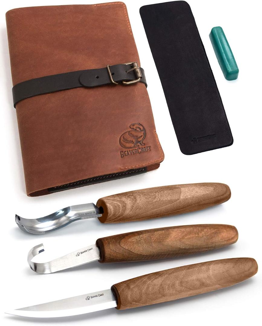 BeaverCraft Wood Spoon Carving Tools Kit S14x Deluxe - Whittling Tools Set Includes Sloyd Wood Carving Knife, Hook Knife, Gouge, Leather Roll-Up Case & Leather strop with Polishing Compound