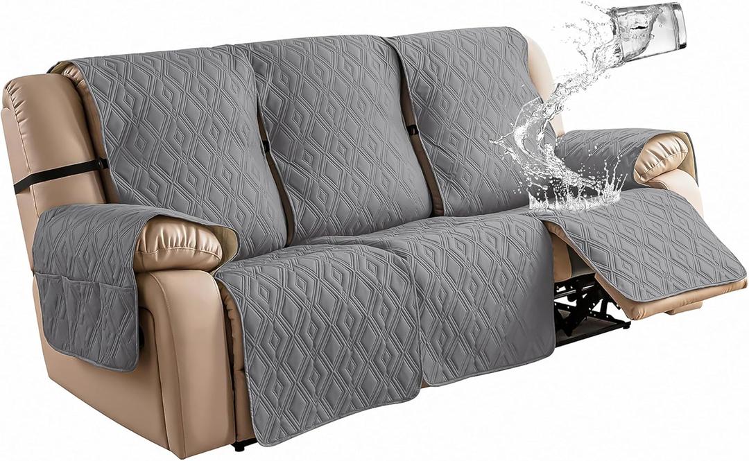 Genina Waterproof Couch Cover for Reclining Couch 3 Seater Non-Slip, Washable Recliner Sofa Covers for 3 Cushion Couch, Furniture Covers Couch Protector for Dogs Pets Kids (Light Gray, Recliner Sofa)
