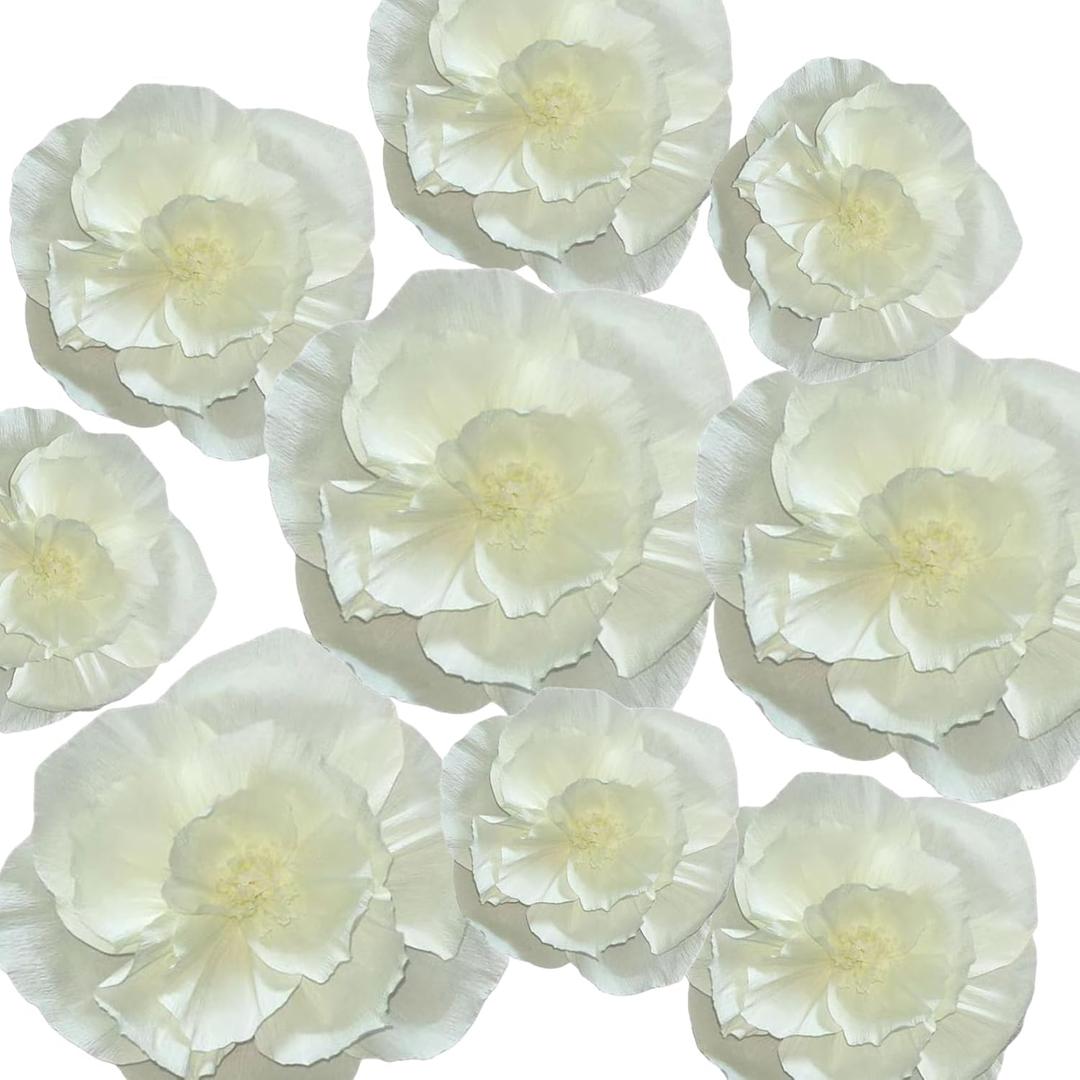 BRT Bearingshui Crepe Paper Flowers Decoration for Wall Total 9 Pcs, Artificial Flowers for Wedding Decor,Flower Backdrop Decor, Baby Bridal Shower Birthday Party, Beige 3D Wall Flowers Decor