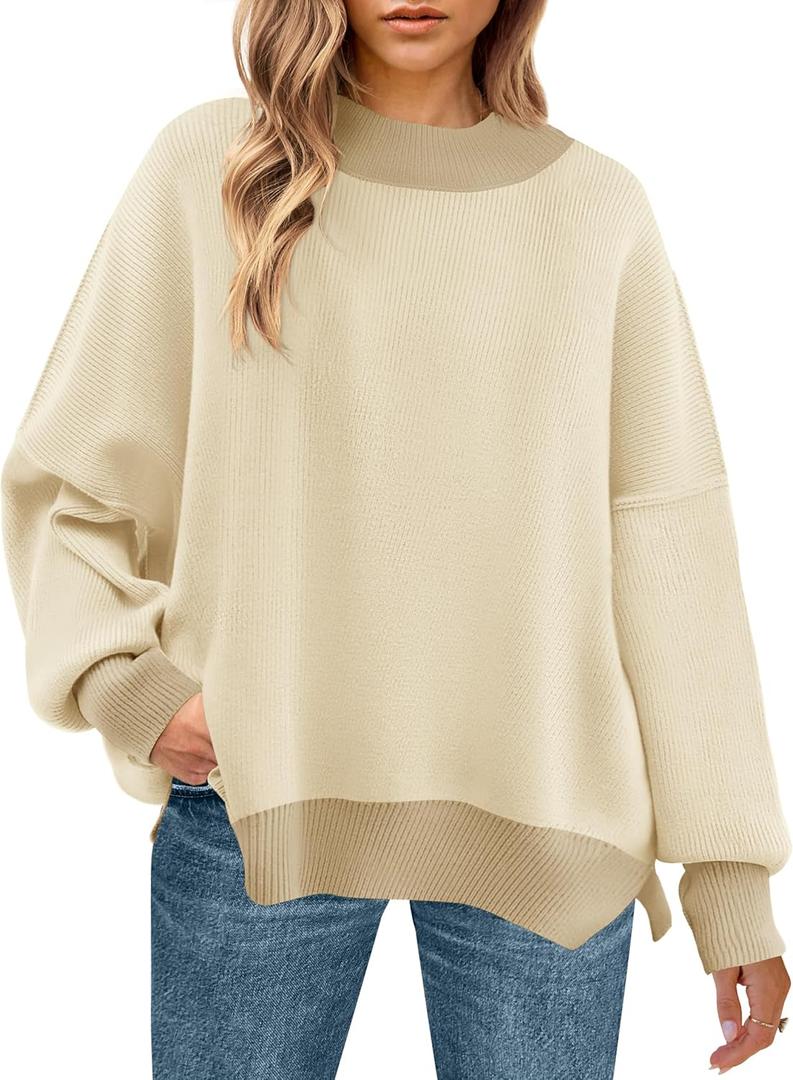 ZESICA Women's Fall 2025 Oversized Sweaters Long Sleeve Color Block Mock Neck Side Slit Comfy Loose Knitted Pullover Tops (Beige, S)