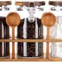 Yangbaga Glass Sugar Coffee Canister with Shelf, 3 x 45OZ Coffee Bean Containers Storage Station Organizer with Airtight Locking Clamp and Log Coffee Scoop, Food Storage Canisters Sets for Kitchen