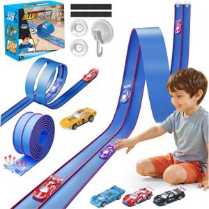 Upgrade Flexible Race Track for Kids, 15 Ft Flex Race Car Ramp Track with 4 Cars & Suction Cups - Compatible with Diecast 1/64th Cars, Car Tracks Toys for Kids Boys Girls Ages 3 4 5 6+ (Blue)