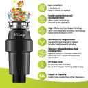 DC 1 HP Garbage Disposal Quiet 60dB with Power Cord, Continuous Feed | Food Waste Disposer with Dishwasher Hookup, 6-Stage Grinding, 3-Bolt, 120V 60Hz, 2800RPM, Titanium Stainless Steel