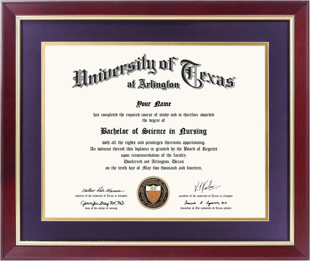 GMFrames 11x14 Wood Diploma Frame with Purple Mat or Display 14x17 Certificates without Mat,Tempered Glass,Cherry Finish with Gold Trim