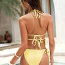 ZAFUL Halter Swimsuits for Women Textured Backless 2 Piece Bathing Suits Cheeky High Cut String Tie Side Bikini Sets (Yellow, L)
