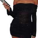 Uni Clau Women Sexy Off Shoulder Sparkly Mini Dresses Long Sleeve Bodycon Ruched Y2K Dress Mesh Birthday Party Club Dress (Small, 0625-black)