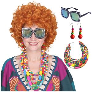 ColorGround Short Curly Orange Red Wig with Necklace Earrings Sunglasses for 70s Costumes Themed Party