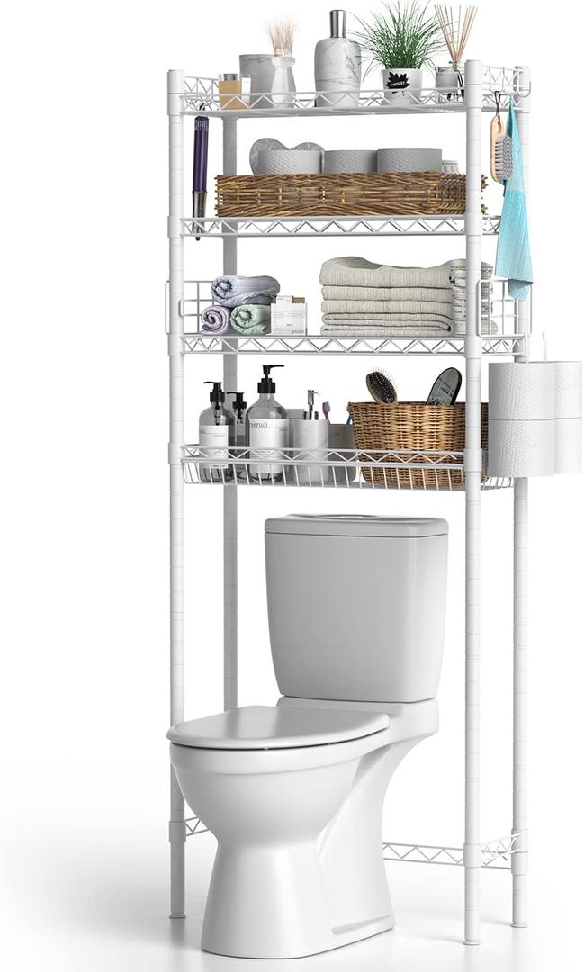 Hodonas Over The Toilet Storage, Adjustable Bathroom Organizer Shelves Space Saver Over Toilet, Sturdy 4 Tier Above Toilet Storage Rack, Freestanding Over-The-Toilet Storage Shelf, White