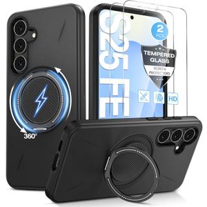 Goton for Samsung Galaxy S25 FE Case [2 Pack Screen Protector] [Compatible with MagSafe] [360 Kickstand Ring], Protective Shockproof Magnetic Phone Bumper Cover for Galaxy S25fe 6.7'' Black