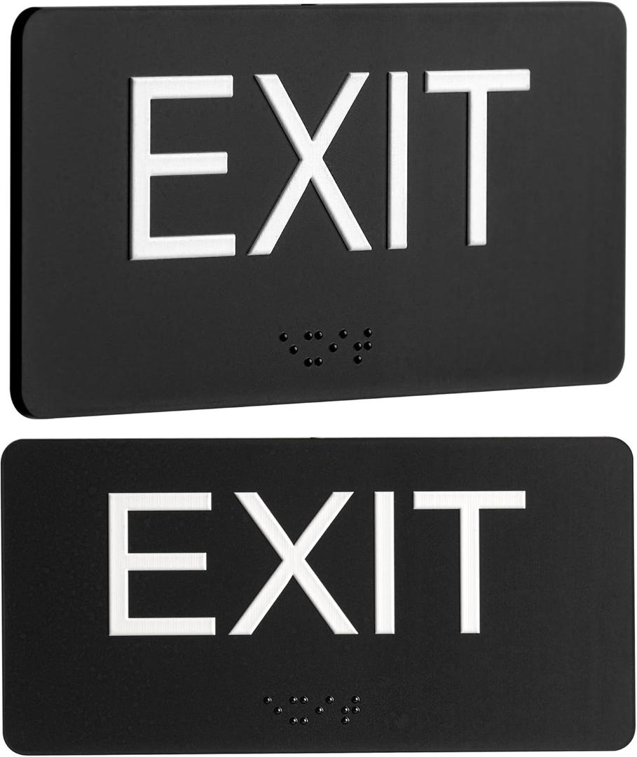 Emergency Exit Sign with Braille1 Pack, ADA Compliant Exit Sign for Office Room, Indoor and Outdoor Exit Stickers Easy Installation, Black Exit Sign Horizontal