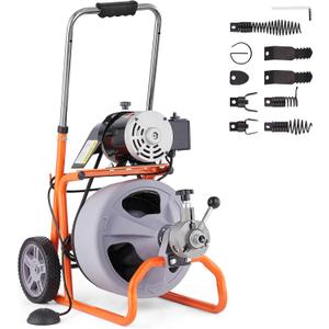 VEVOR Drain Cleaner Machine 75FT x 3/8 Inch, Auto Feed Sewer Snake Drain Auger on Wheels, Portable Drain Cleaning Machine with 8 Cutters & Air-activated Foot Switch for 2" to 4" Pipes