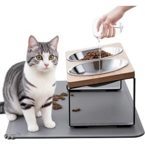 Upgraded Elevated Cat Bowls with Food Mat,15Tilted Stand Anti Vomiting Raised Cat Dishes for Food and Water,2 Stainless Steel Bowls for Cats and Puppy