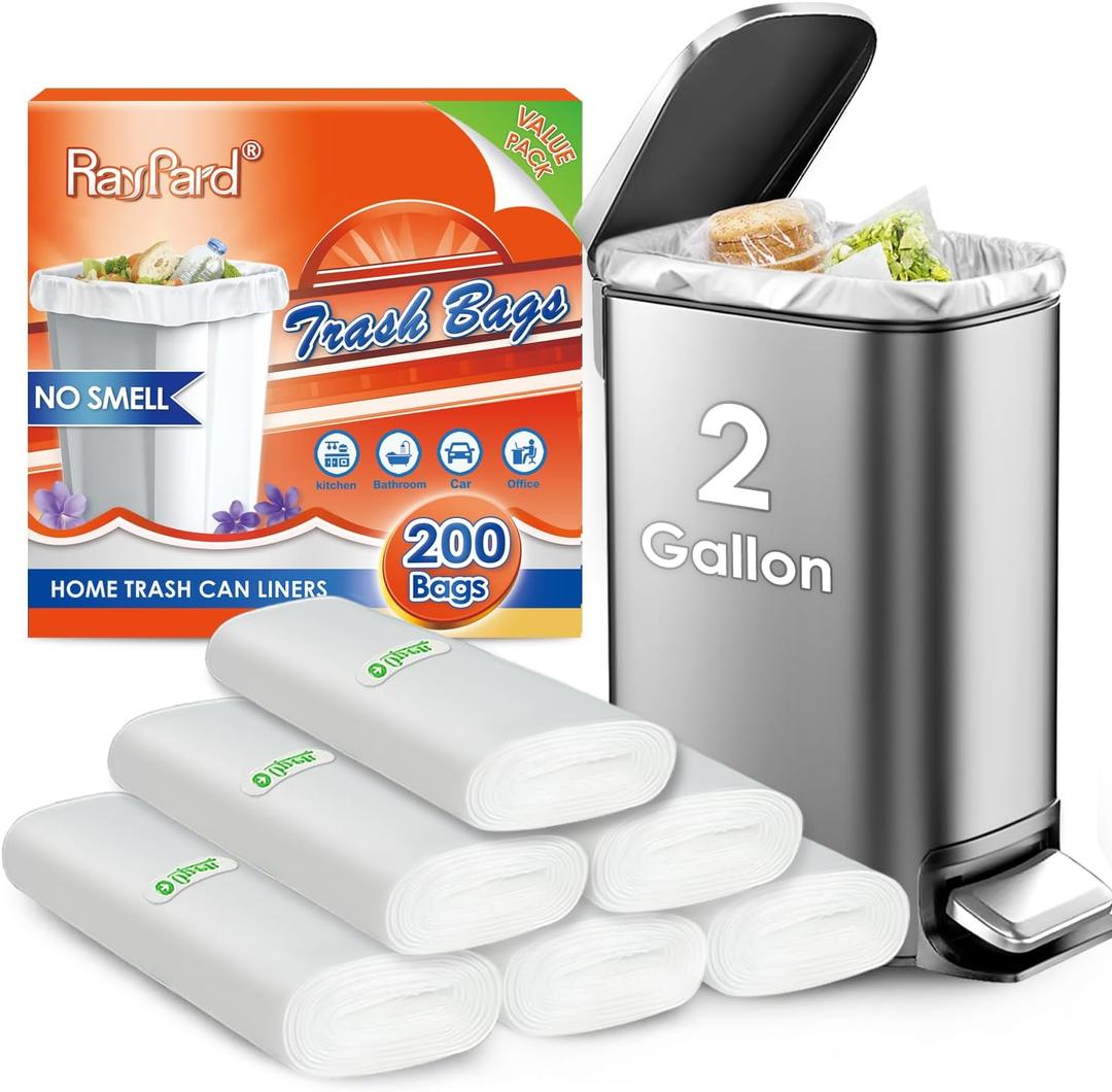 200 Counts 2 Gallon (1.8-2 Gal) Small Trash Bags Garbage Bags by RayPard, fit 1.6,1.8,2,2.2 Gal Waste Basket, 6.5-7 Liter Strong Trash Can Liners for Home Office Kitchen Bathroom Bedroom, Clear