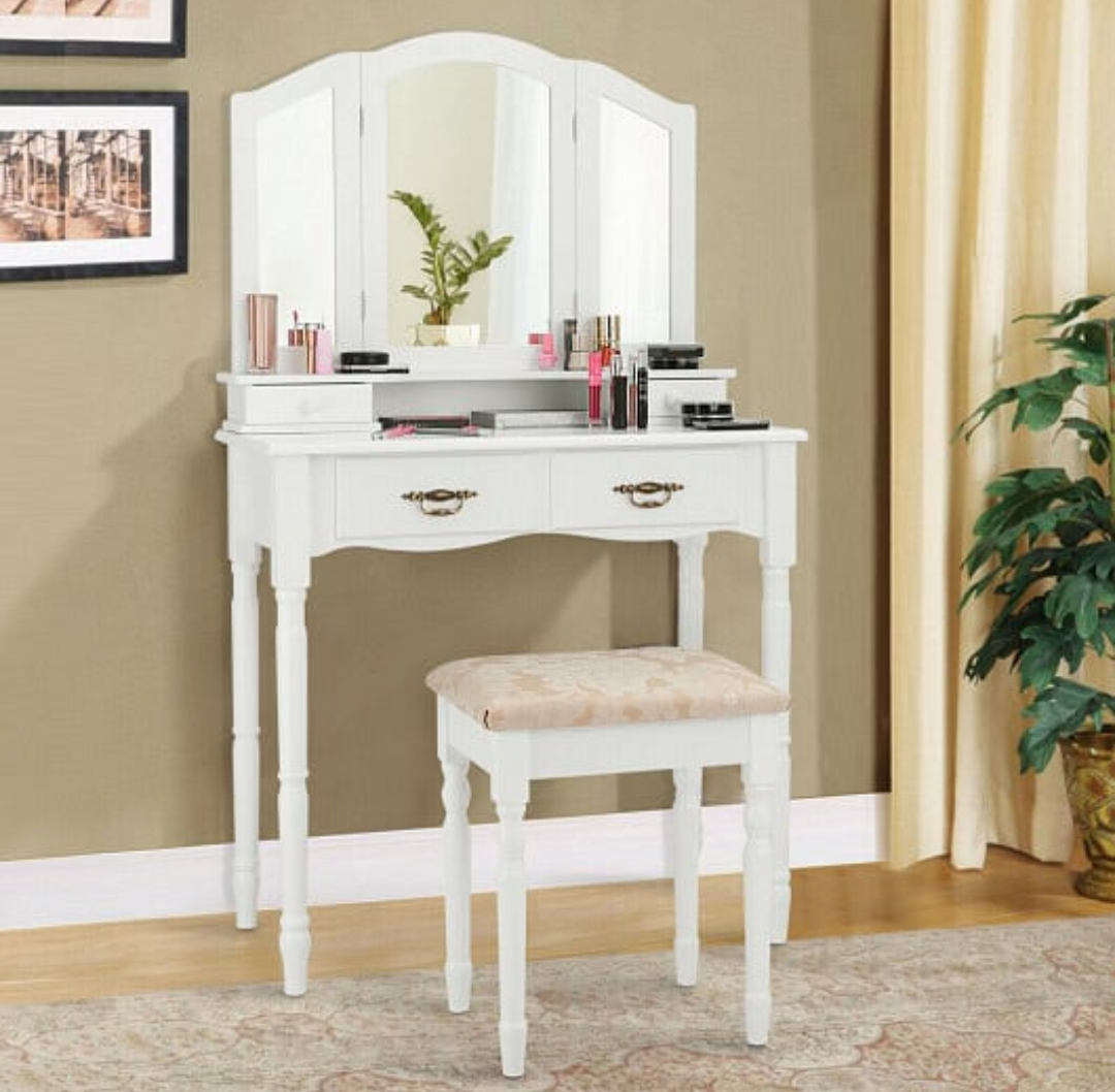 Simple Vanity Set with Tri-Folding Mirror Drawers and Storage Shelf, White