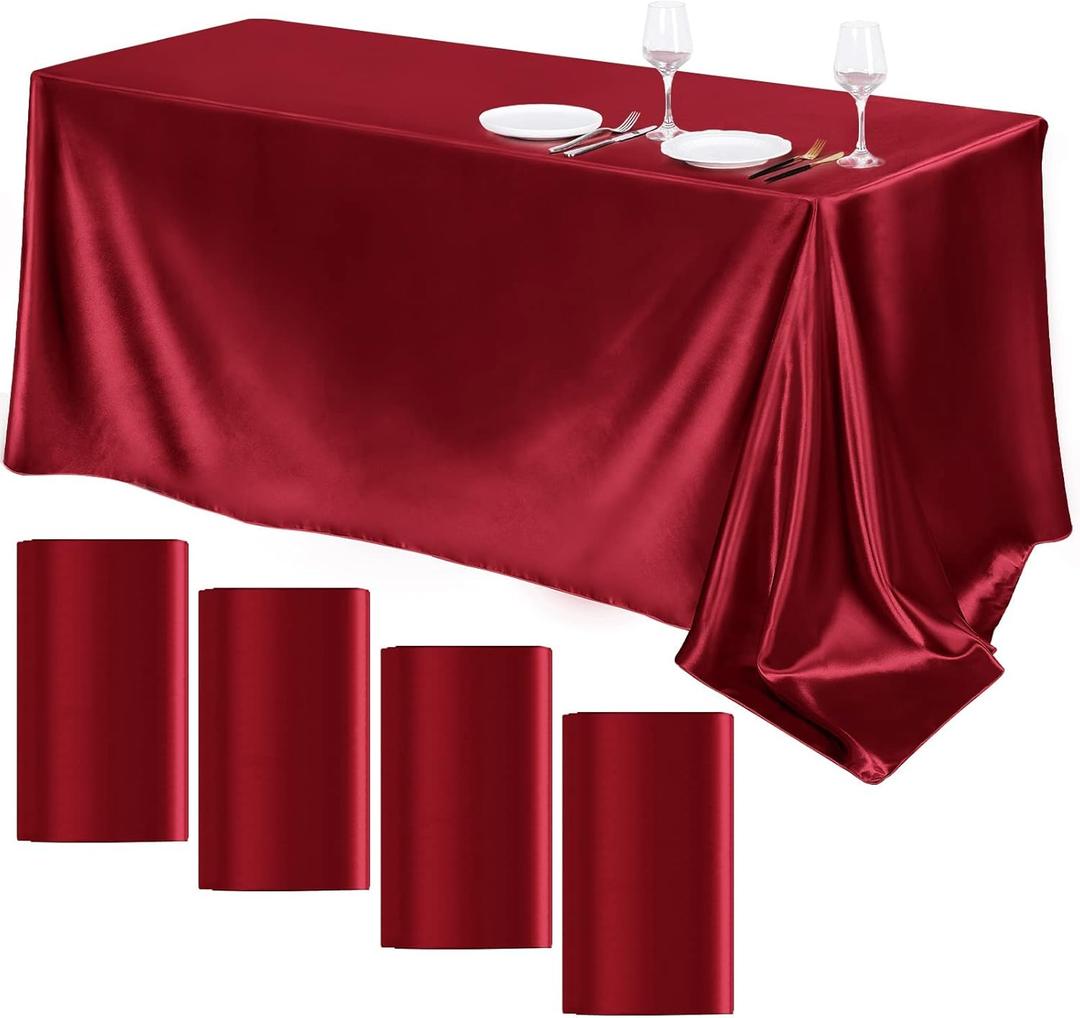 TURSTIN 4 Packs Satin Tablecloth 102 x 58 Inch Overlay Satin Table Cover Rectangle Bright Silk Tablecloth Smooth Fabric Table Decoration for Wedding Banquet Party Events, Burgundy