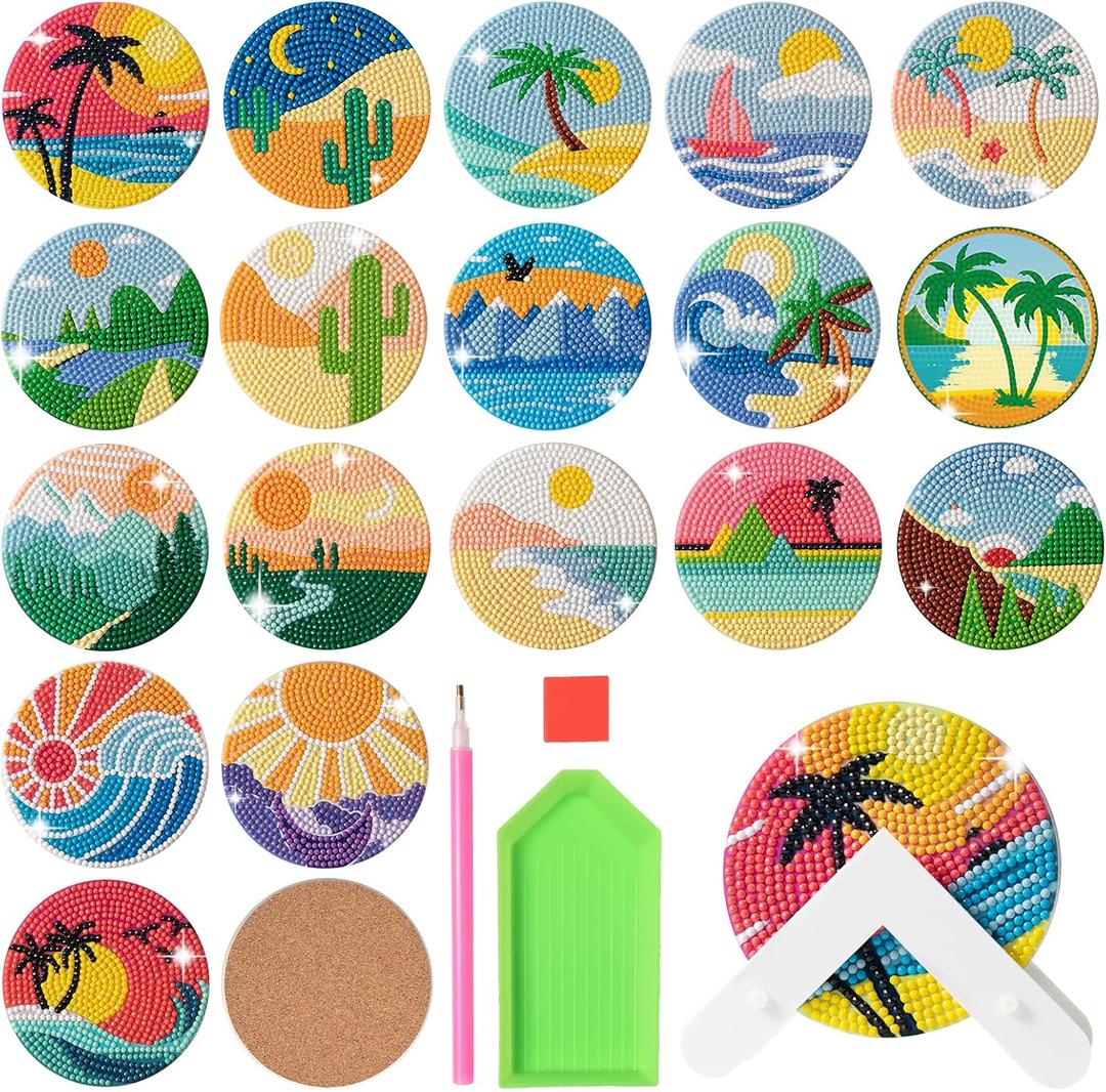 MVVMTOP 18 Pcs Diamond Painting Coasters with Dimensional Holder, DIY Landscape Coaster Diamond Art Kits Non-Slip Coaster for Beginners, Adults Art Craft Supplies