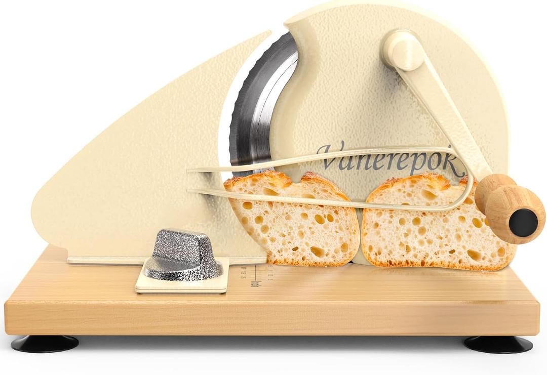 Upgrade Manual Bread Slicer for Homemade Sourdough Bread, Classic Hand Crank Home Bread Slicer With Scale Line and Steel Fence, Sharp Blade, Adjustable Width for Homemade & Commercial Use (Large, White)