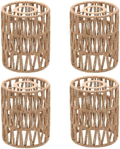 Giutna 4-Pack Boho Rattan Lamp Shades,5.9" H x 4.7" D Woven Small Shade Replacement 3-Tier 1.62in Fitter Farmhouse Pendant Light Cover for Chandelier Floor Wall Lamp(Brown)