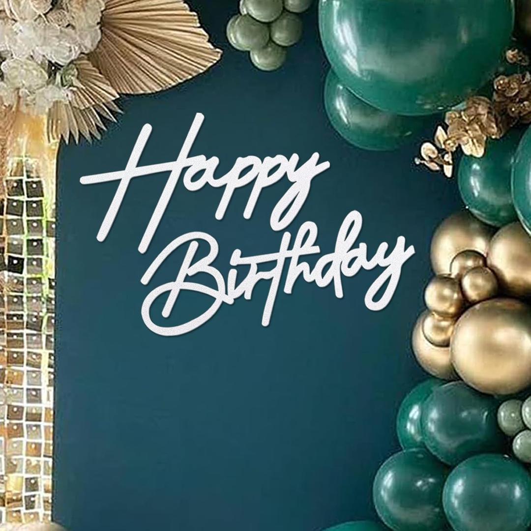 Happy Birthday Sign - Glitter White Felt - Includes Dot Glue - Perfect for Birthday Party, Baby Shower, Gender Reveal