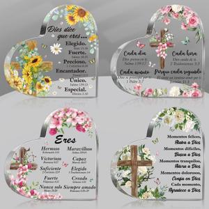 4 Pcs Spanish Christian Acrylic Gift for Women Religious Gift with Bible Verse Butterfly Heart Shape Sign Regalos Cristianos Para Mujer En Espaol for National Grandparents Day(Heart)