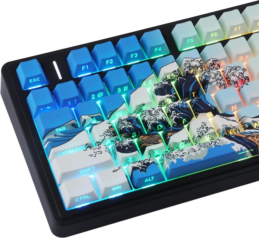 Tsungup PBT Keycaps 75 Percent,Side Print 131 Keys Custom Dye Sub Cool Shine Through Keycap Set,Wave of Kanagawa Light/Sky Blue Keycaps Cherry Profile Keyboard Key Caps for Mechanical Keyboards