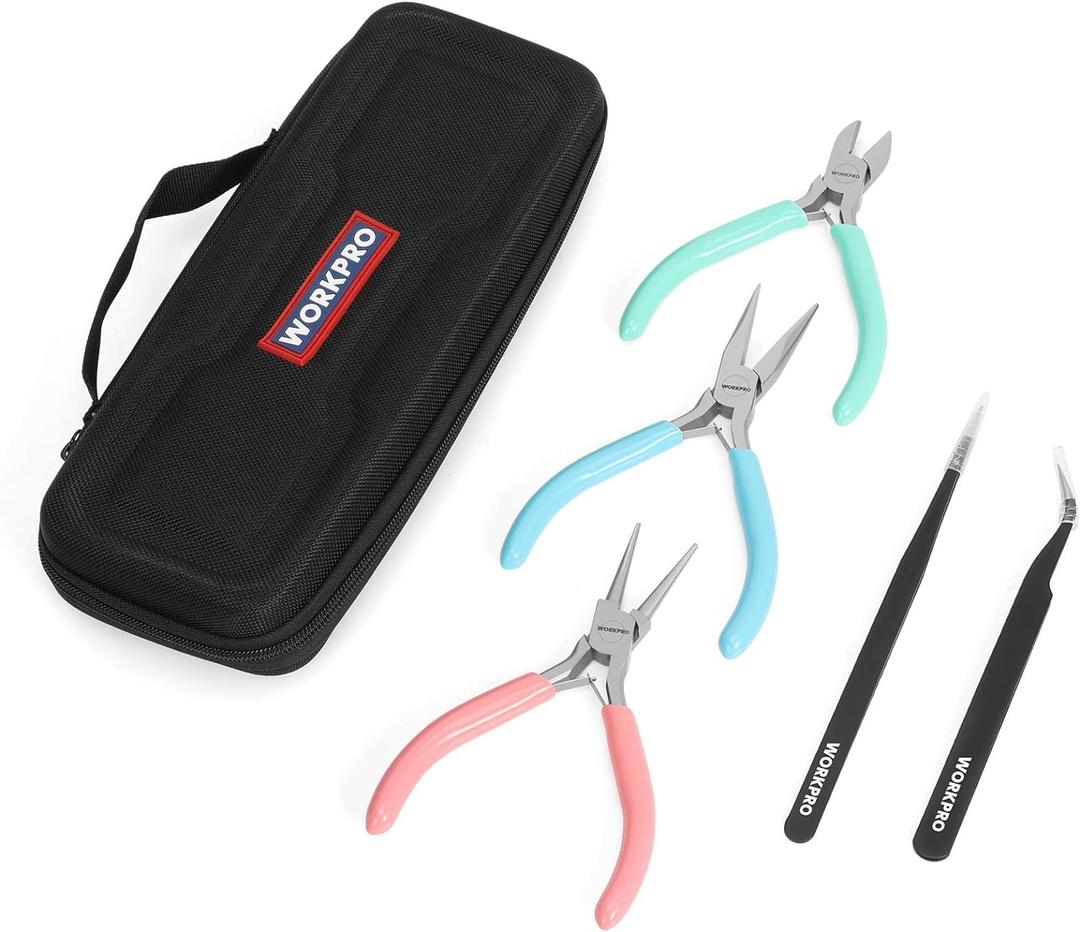 WORKPRO 5-Piece Jewelry Pliers Kit - Round Nose, Chain Nose, Wire Cutters, Pointed & Curved Tweezers, Case Included
