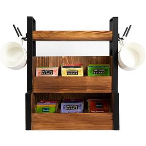 Rustic Brown Wooden Countertop Teabag Teacup Storage Stand 3 Tier Tea Sachet Coffee Pod 4 Hanging Hooks Mug Cup Top Shelf Black Matte Metal Frame Kitchen Bar Office Break Room Home Drinks